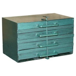 ANTIQUE CIRCA 1920'S TEAL COLOURED LOCKABLE MACHINIST WORK TOOL BOX WITH LOCK - Picture 1 of 11