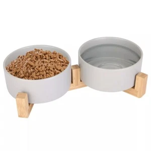28.7Oz Double Pet Bowls Dog Cat Ceramic Bowls Cat Wooden Stand Raised Pet Feeder - Picture 1 of 7