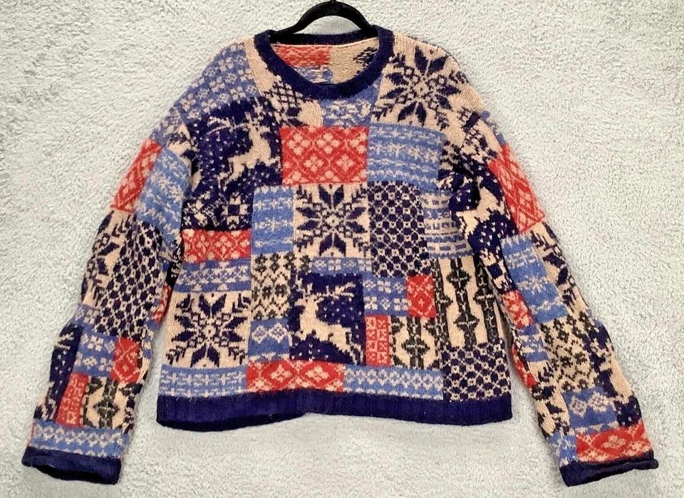 Fair Isle Reindeer Sweater Mens Large Blue Red Patchwork Crewneck Nordic - Image 1 of 4