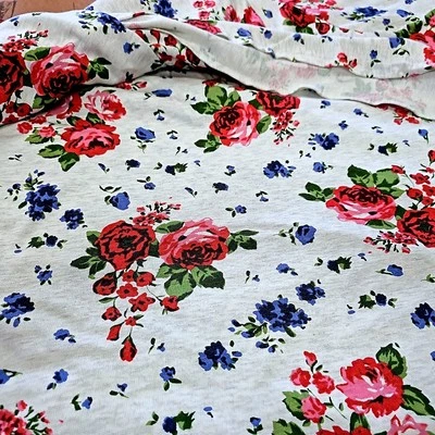 French Terry Rose Floral Fabric Knit Gray Sweatshirt By the Yard   - Image 1 of 3