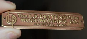 RARE VINTAGE L.F. DETTENBORN WOODWORKING CO. HARTFORD CT.  BRASS EMBOSSED TAG - Picture 1 of 3