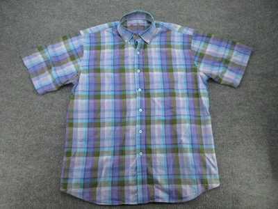 Alan Flusser Shirt Mens Large Purple Blue Green Plaid Button Down Short Sleeve - Image 1 of 4