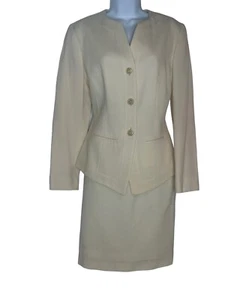 Vintage Lilli Ann Wool White Cream Pearl Gold Buttons 2pc ILGWU Skirt Suit Small - Picture 1 of 15