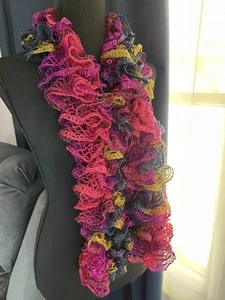 Handmade Open End Ruffle Scarf Pink Blue Green Metallic Yarn - Picture 1 of 5
