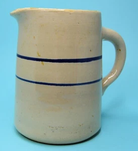 ANTIQUE crockery MILK PITCHER 6” Tall blue stripe Stoneware CHIPPY - Picture 1 of 11