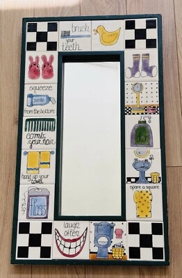 Vintage Unique Ceramic Tile Wall Mirror Kid Bathroom Brush Teeth 22” x 13” - Image 1 of 4