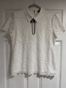 Karl Lagerfeld Paris Women's Size Medium White Lace Trim Collared Blouse - Picture 1 of 12