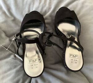 F&F - WEDGES BLACK FAUX SUEDE &ALL OVER LITTLE SILVER STUDS SIZE 6 BNWT -RRP £22