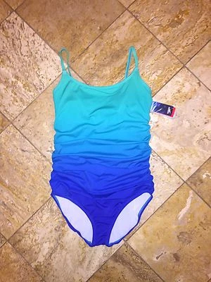 Speedo Women's One Piece Swimsuit Active Sports Bra Blue Ombre Shirred NWT $94 - Image 1 of 4