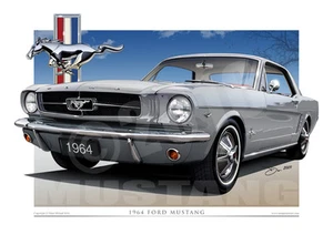 1964 Mustang Car Drawings -  Classic Mustang Coupe Print (17 Colours ) - Picture 1 of 21