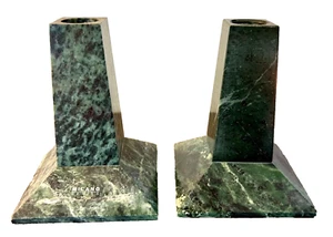 TWO (2) Milano Series GREEN Marble Taper Candle Holders Art Deco Style HEAVY - Picture 1 of 12