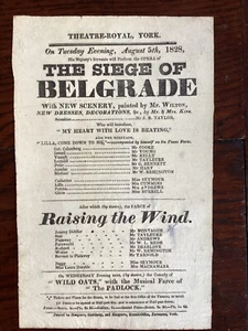 Georgian Playbill Flyer Theatre Royal York  1828 Siege Of Belgrade - Picture 1 of 2