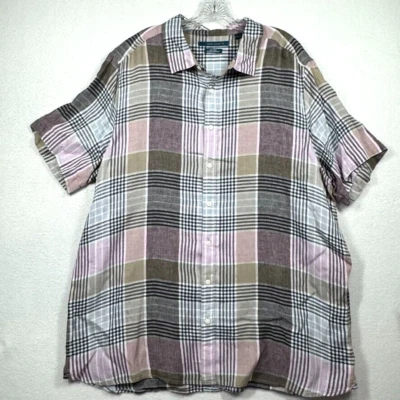Perry Ellis Shirt Mens XXL Short Sleeve Button Up 100% Linen Plaid Beach 2XL - Image 1 of 4