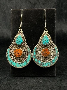 Vintage Tibetan Nepalese Beautiful Earring With Natural Coral And Turquoise Ston - Picture 1 of 5