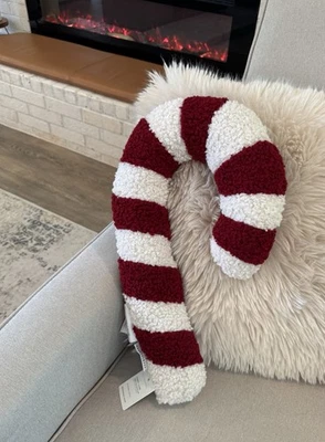 Pottery Barn Candy Cane Plush Pillow Red & White Cozy Teddy Faux Fur Christmas - Image 1 of 4
