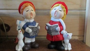 Lund's Lites CHRISTMAS Vintage BOY/DOG & GIRL/CAT Ceramic CAROLERS - 1970's - Picture 1 of 6
