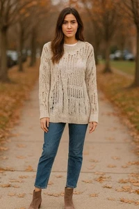 Damen ZARA Beige Distressed Strick Rundhals Pullover M - Bild 1 von 7