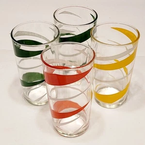 4 Vintage bunte Band Glas Wasserbecher grün rot gelb 5" hoch - Bild 1 von 11