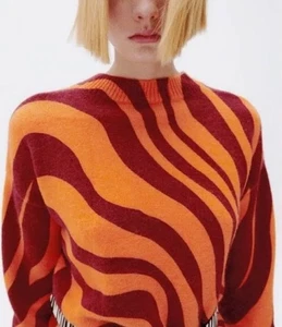 NWOT Zara Jacquard Knit Animal Print Sweater Jumper Blogger Orange Size S - Picture 1 of 5
