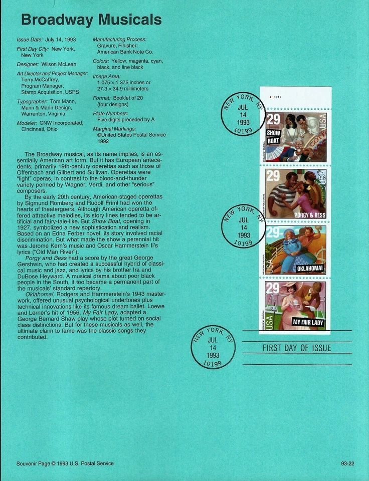 USA, SCOTT # 2767-2770A, SOUVENIR PAGE - BROADWAY MUSICALS BOOKLET PANE 1993 - Image 1 of 1