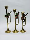 Brass Horn Style Candlesticks Vintage Trumpet Christmas Centerpiece Set Of 3