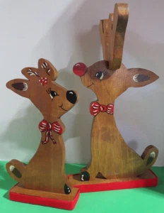 Wooden Rudolph The Red Nosed Reindeer & Female Reindeer Christmas Decor - Picture 1 of 10