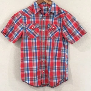 Arizona Jeans Boy XL 14/16 Shirt Red & Blue Plaid Pearl Snap Western 100% Cotton - Picture 1 of 10