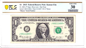 2013 $1 FRN PCGS VF30 Fancy TRUE 0/1 BINARY **STAR** Serial #J00111000* - Picture 1 of 2