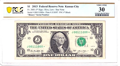 2013 $1 FRN PCGS VF30 Fancy TRUE 0/1 BINARY **STAR** Serial #J00111000* - Image 1 of 2