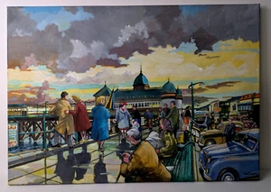 1960's Seaside Promenade Study Original Acrylic Painting on Canvas Peter Ramage - Picture 1 of 9