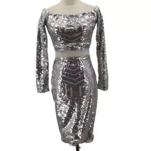 BLITHE S Silver Nude Sequin Off Shoulder Long Sleeve coctail 2 pc Dress NWT B77 - Picture 1 of 9