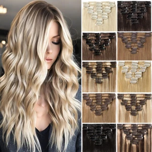 US Clip In Remy Real 100% Human Hair Extensions Full Head Blonde 18" 20" 22" 24“ - Picture 1 of 81