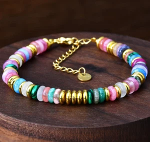 Natural Stone 18K Gold Plated Beaded Waterproof Bracelet Bangle -Stainless Steel - Picture 1 of 19