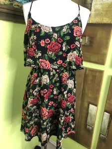 Ambiance L Floral Mini Dress Black Rose Print Blouson Spaghetti Strap Casual - Picture 1 of 6
