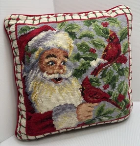 Preciosa almohada vintage de Papá Noel con cardenal de Navidad de terciopelo rojo punta de aguja trasera - Imagen 1 de 7