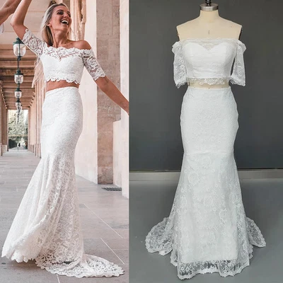 Off Shoulder Lace Wedding Separates Dress Two Pieces Customized Short Sleeves - Image 1 of 4