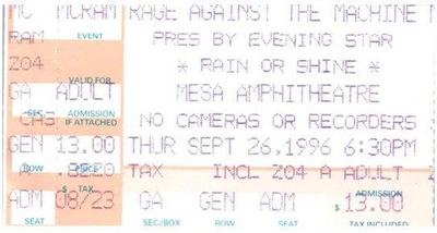 Rage Against The Machine Concert Ticket Stub September 26 1996 Mesa Arizona - Image 1 of 4