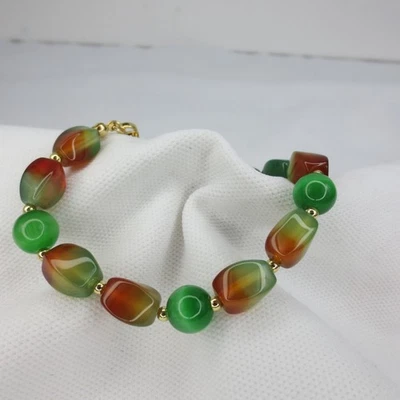 Brazalete Chapado en Oro 14K Sobre Acero Inoxidable Ágata Verde y Pavo Real Cuentas 8.5" Foto 1 de 4