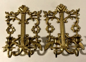Pair of Solid Brass Wall Sconces Double Arm Candle Holder 11 1/4" x 8” - Picture 1 of 10