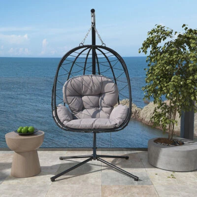 Silla Columpio Huevo Colgante con Soporte Hamaca Patio Silla Ratán + Cojín Exterior Foto 1 de 4