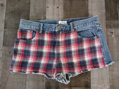 Forever 21 Premium Denim Shorts Size 30 Pockets Blue Red Plaid Daisy Dukes  - Image 1 of 4