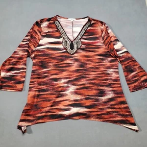 Soleilleu Top Damen 2X rot Perlen verziert Zebra V-Ausschnitt Langarm Bluse - Bild 1 von 13