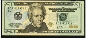 $20 FRN 2004 Repeater Serial  23112311 FEDERAL RESERVE NOTE GEM UNCIRCULATED - Picture 1 of 2