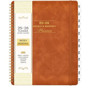 2025 Weekly Monthly Planner 8" x 10" Leather Brown Cover Spiral Bound - Picture 1 of 8