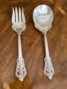 Wallace Sterling Grande Baroque Serving Fork Spoon Set - No Monogram - 9 3/8" - Picture 1 of 6