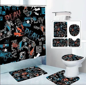 Boys Shower Curtain Set, Fun Kids Bathroom Decor with Mat, Rug, Toilet Lid Cover - Picture 1 of 1