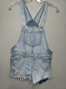 Old Navy Denim Short Overalls Girls L 10-12 Distressed 4th Of July Print Cutoff - Picture 1 of 3
