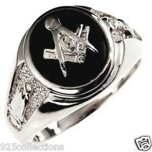 Oval Mason Masonic Onyx Rhodium Plated Brass Men Custom Made Ring Size 15