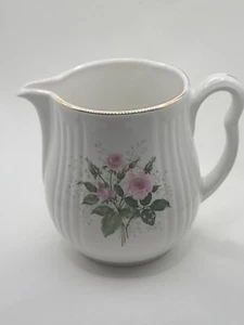 Hall Kitchenware USA pitcher w florals. Ceramic "Heather Rose"Ribbed detail. Vtg - Picture 1 of 5