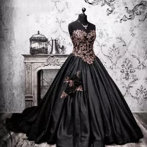 Black Gold Gothic Prom Dresses Vintage Sheath Applique Strapless Pleated Ruffle - Picture 1 of 6